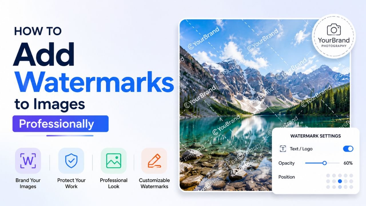 Mountain landscape photo with a diagonal repeating watermark pattern and a professional photographer brand stamp — illustrating watermark settings.