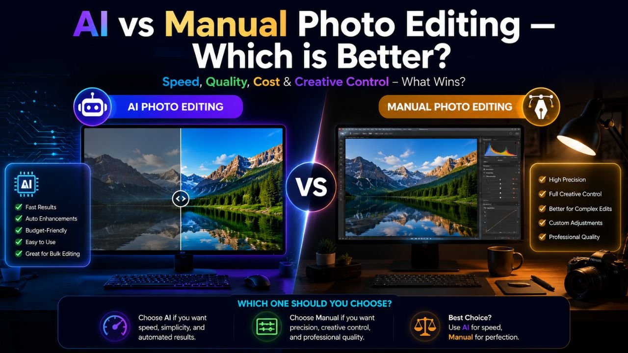 Side-by-side comparison of AI photo editing versus manual photo editing workflows — speed and automation versus precision and creative control.