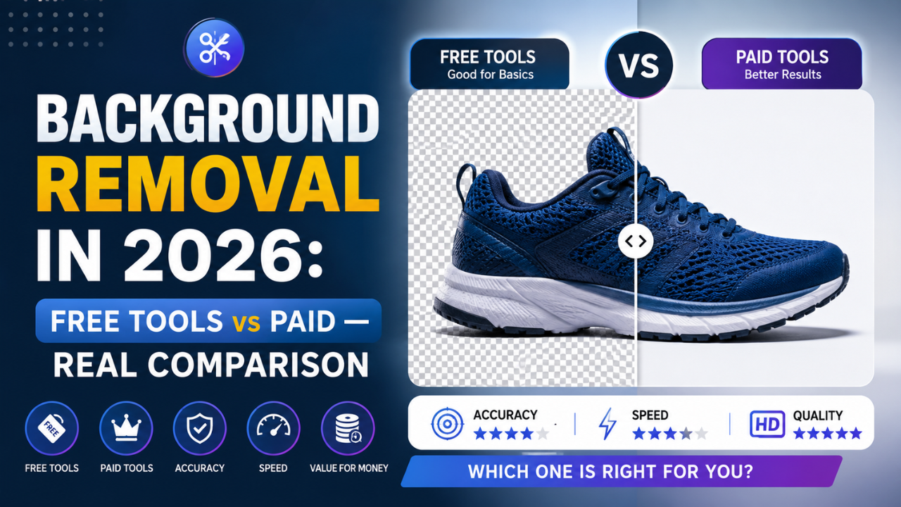 Background removal in 2026 — free tools versus paid tools comparison shown on a sneaker product photo, with star ratings for accuracy, speed, and HD quality.