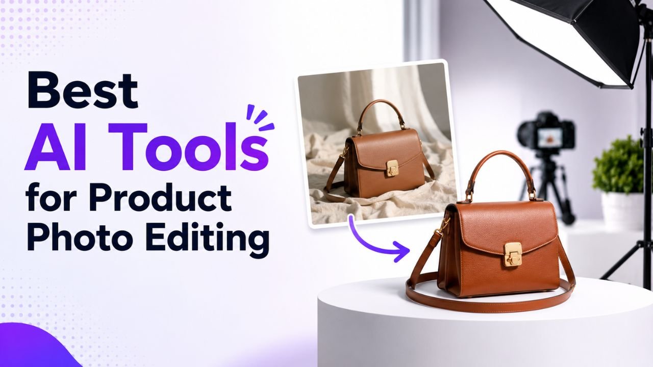 Brown leather handbag professionally edited on a clean studio background — illustrating the result of AI product photo editing tools.