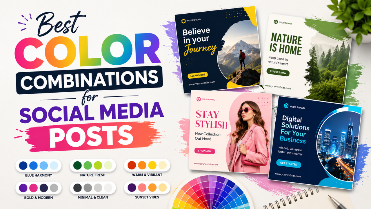 Best color combinations for social media posts — branded post mockups showing Blue Harmony, Nature Fresh, Warm & Vibrant, Bold & Modern, Minimal & Clean, and Sunset Vibes palettes.