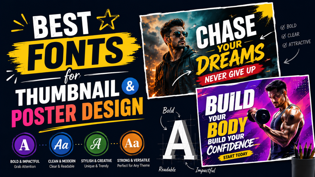Best fonts for thumbnail and poster design — poster mockups with bold display typography and font-style badges for impactful, clean, stylish, and versatile families.