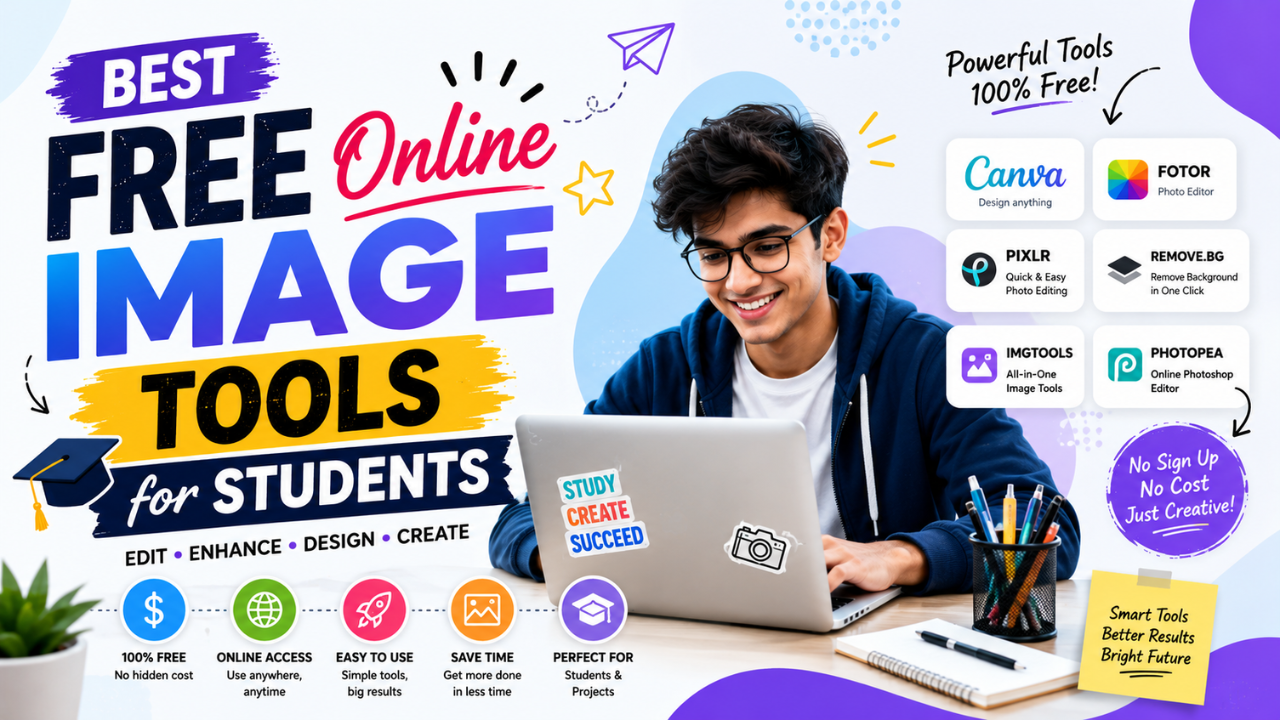 Best free online image tools for students — student with laptop alongside cards for popular free editors, with badges for 100% free, online access, easy to use, and time-saving.