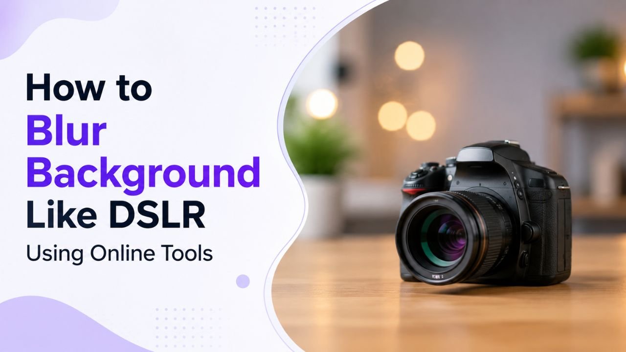 DSLR camera on a wooden desk with a softly blurred bokeh background — demonstrating DSLR-style background blur achievable with online tools.