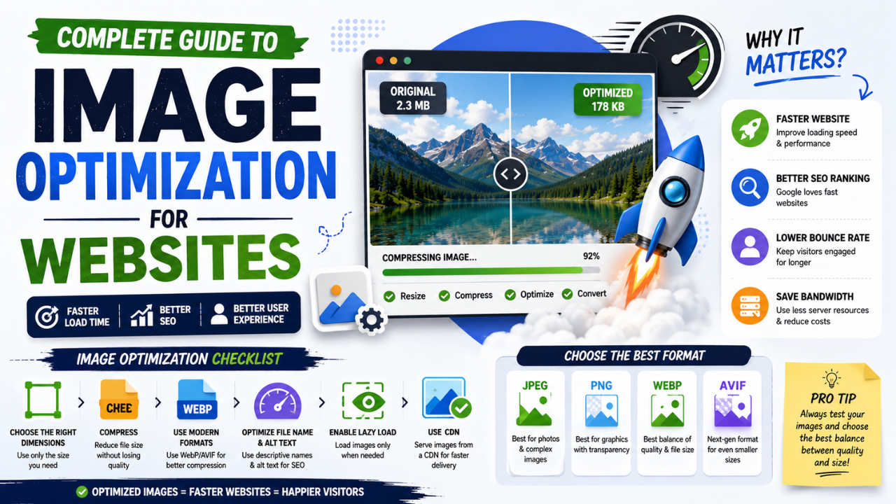 Complete guide to image optimization for websites — compression progress bar, format comparison cards (JPEG, PNG, WEBP, AVIF), and an optimization checklist covering dimensions, compression, modern formats, file names, lazy loading, and CDN.