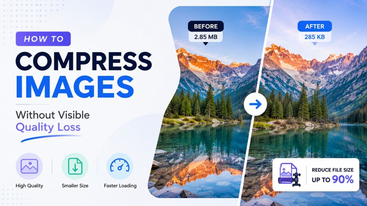 Mountain landscape compressed from 2.85 MB to 285 KB while preserving high visual quality — illustrating up to 90% file-size reduction.