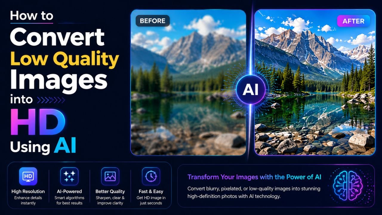 Before-and-after comparison of a blurry low-quality mountain lake photo upscaled to sharp HD detail using AI.