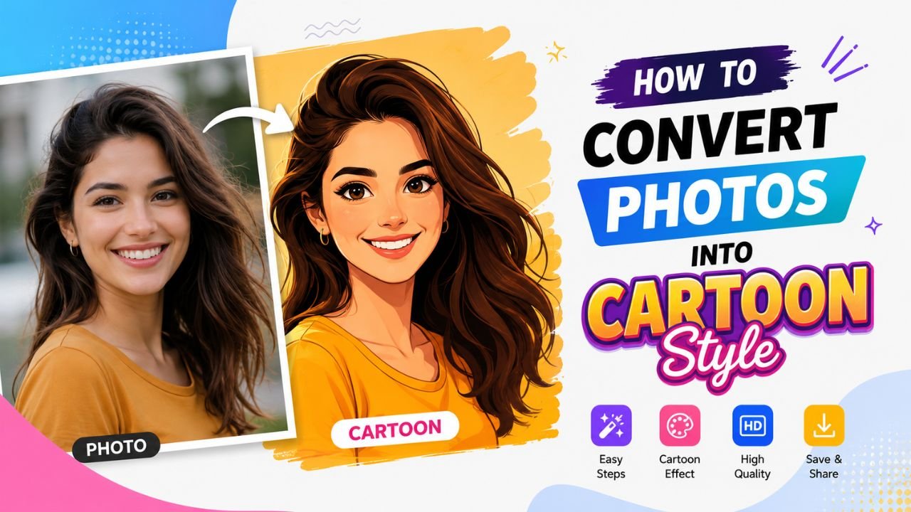 Photo of a young woman alongside her cartoon-style portrait conversion — showing the result of AI photo-to-cartoon transformation.