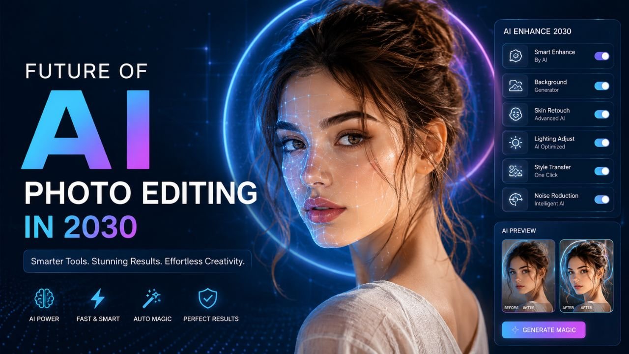 Futuristic AI photo-editing interface showing smart enhance, background generation, skin retouch, lighting adjustment, style transfer, and noise reduction toggles.
