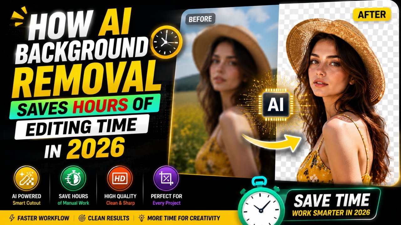 AI background removal transforming a cluttered photo into a clean transparent background in seconds