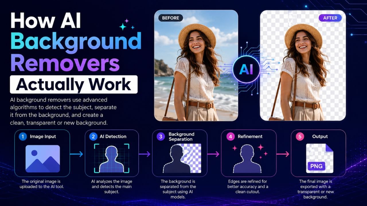 Diagram showing how an AI background remover works — image input flows through detection, separation, refinement, and final transparent PNG output.