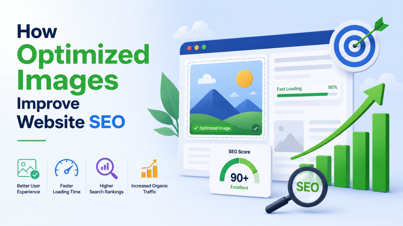 How optimized images improve website SEO — browser mockup with an optimized image, fast loading meter, SEO score 90+, and rising rankings bar chart.