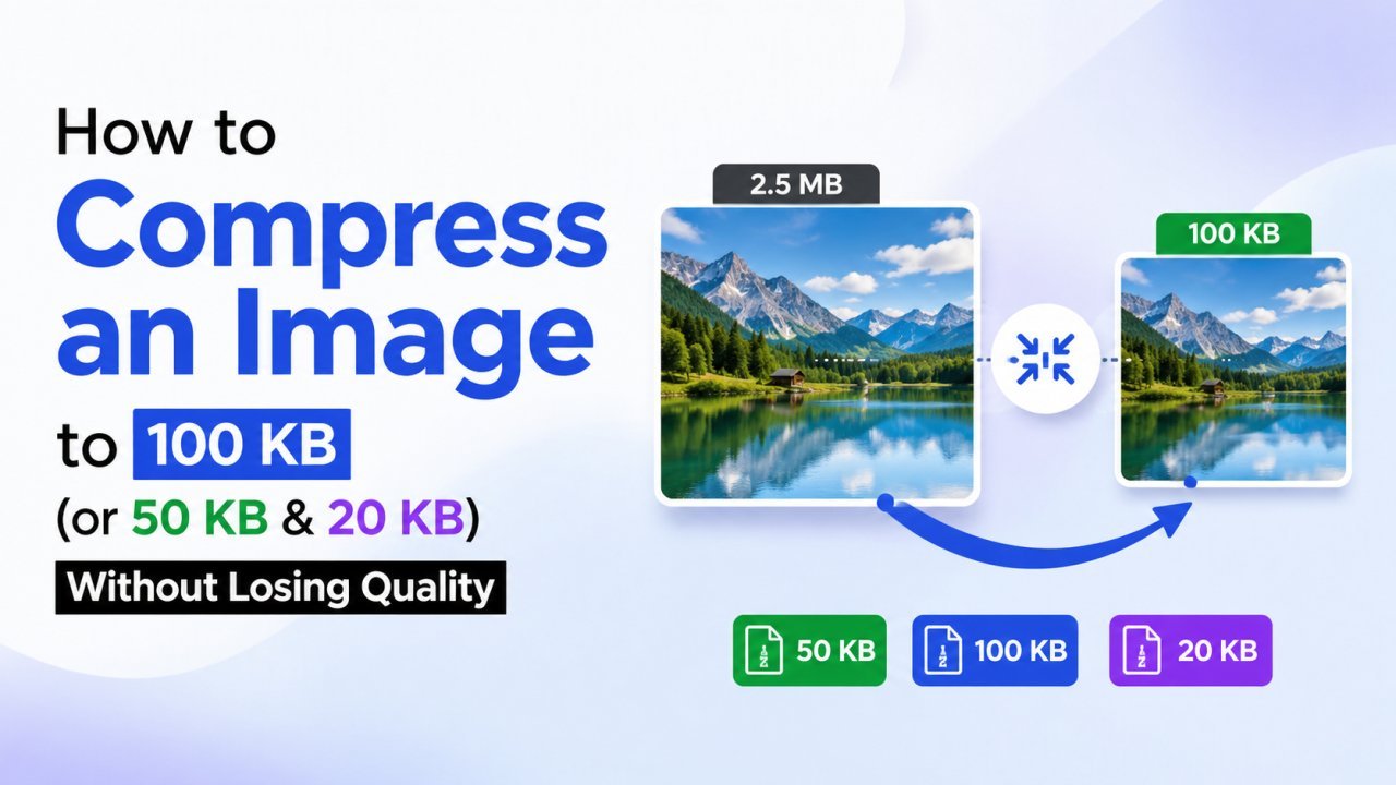 A large photo being compressed down to a 100 KB file ready for an online form upload.
