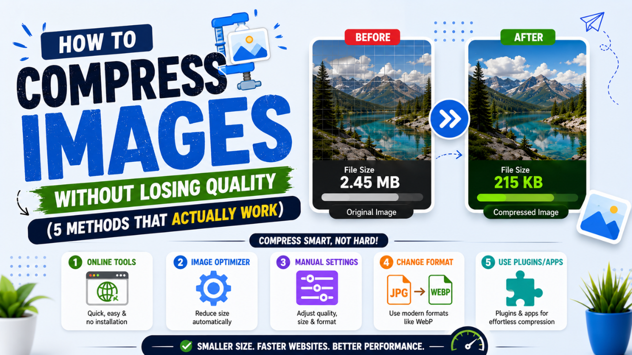 How to compress images without losing quality — mountain lake photo shrunk from 2.45 MB to 215 KB alongside five methods: online tools, image optimizer, manual settings, format change, and plugins.