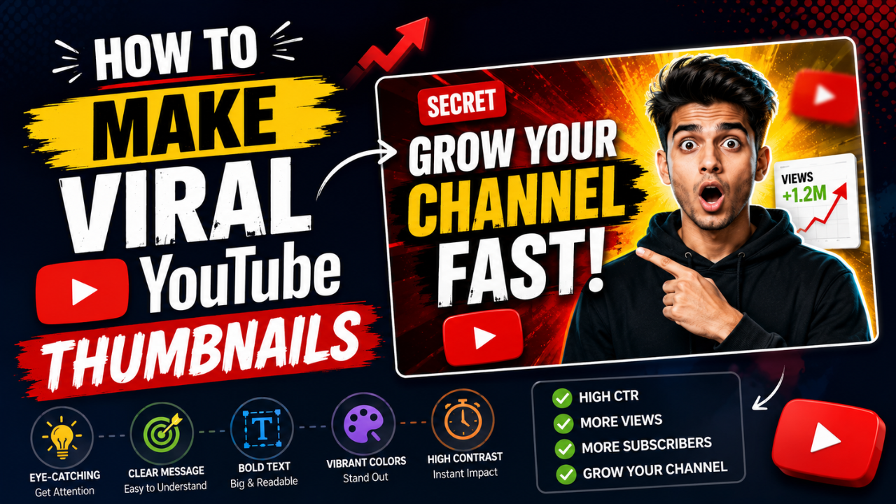 How to make viral YouTube thumbnails — example creator thumbnail with bold text and high contrast plus icons for high CTR, more views, more subscribers, and channel growth.
