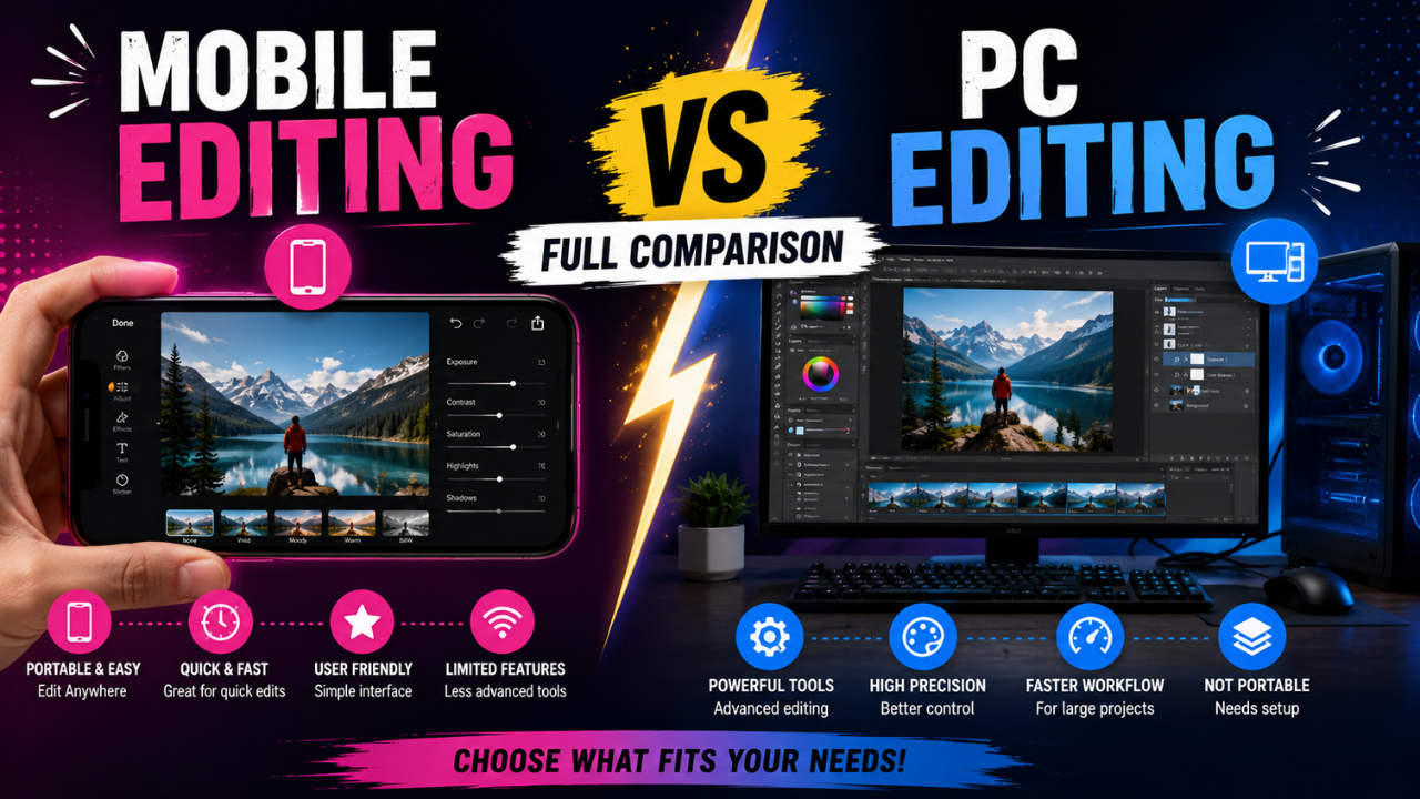 Mobile editing vs PC editing — phone editor on the left and full desktop editing workstation on the right, comparing portability with precision and advanced tools.