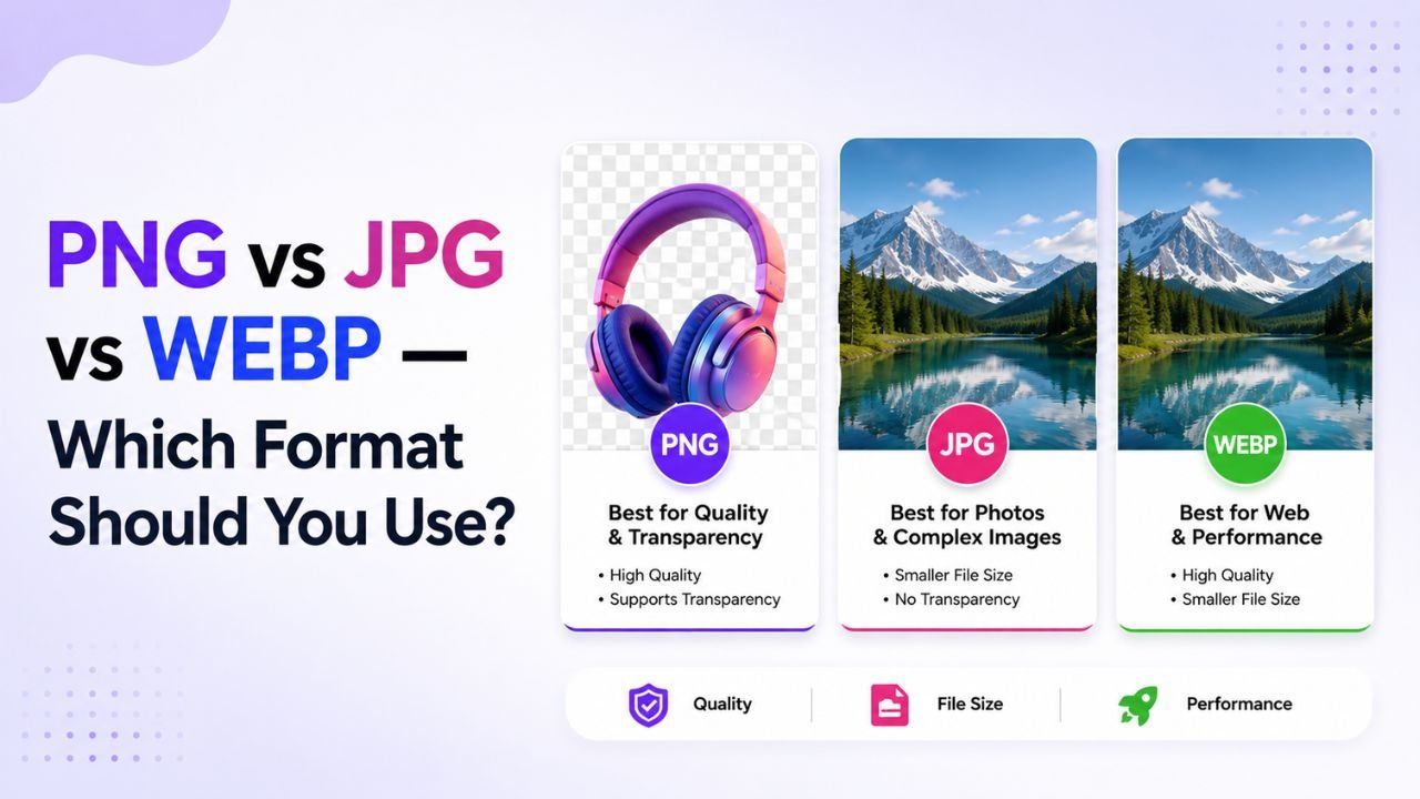 Side-by-side comparison of PNG, JPG, and WEBP image formats — best for quality and transparency, best for photos, and best for web performance.