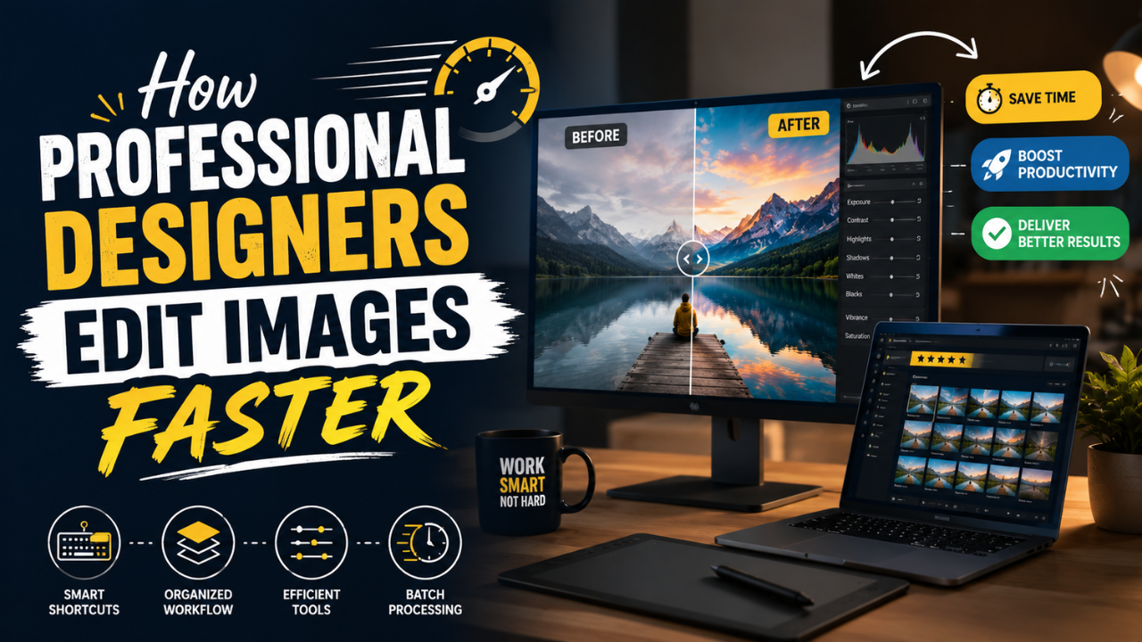 How professional designers edit images faster — workstation with before-and-after editing interface and icons for smart shortcuts, organized workflow, efficient tools, and batch processing.