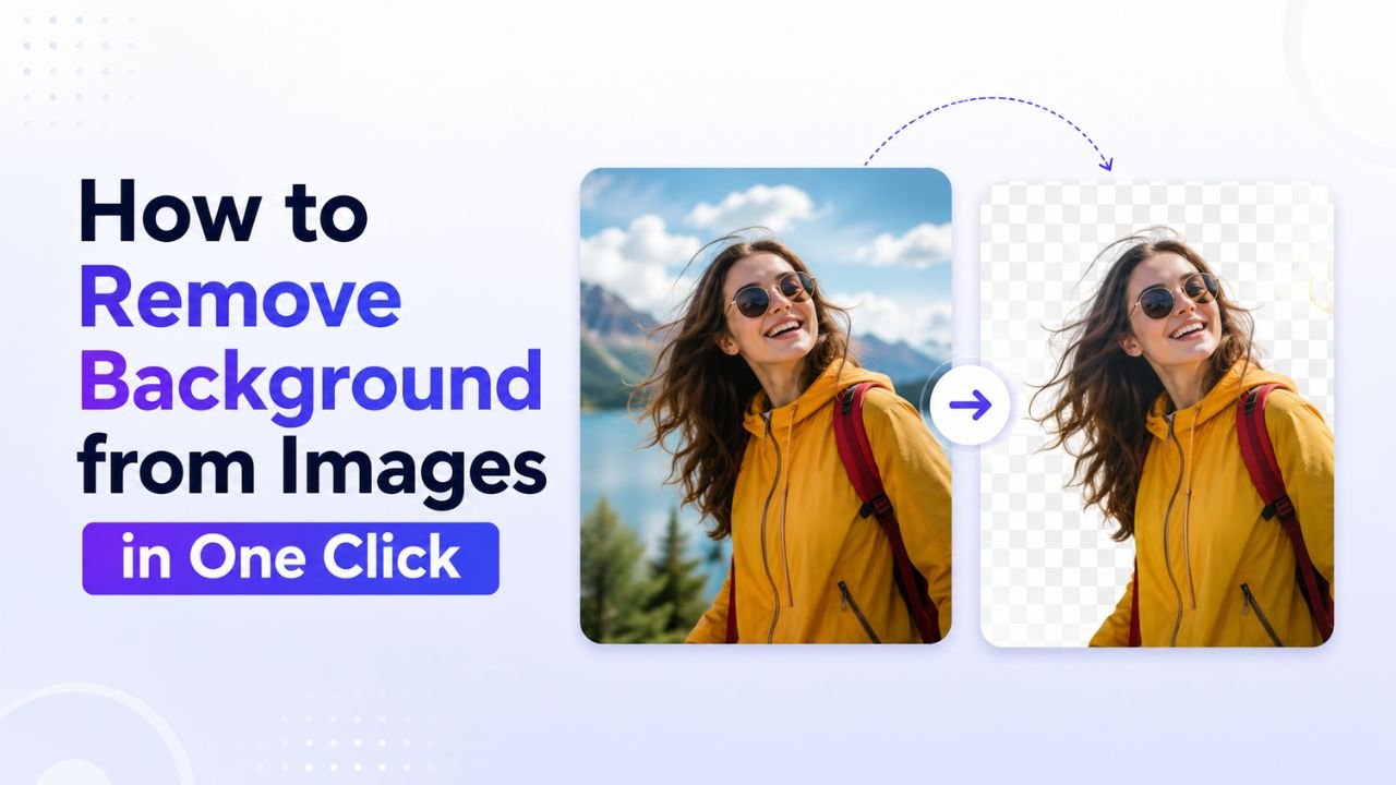 Young woman in a yellow jacket with the background removed in one click — original image on the left, transparent PNG cutout on the right.