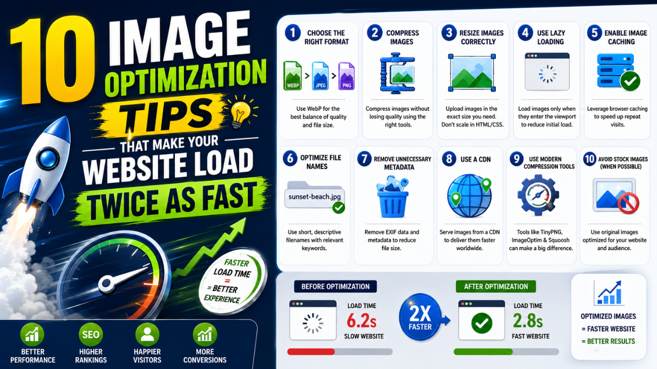 10 image optimization tips that make your website load twice as fast — checklist covering format choice, compression, resize, lazy loading, caching, file names, metadata removal, CDN, modern tools, and stock-image avoidance.