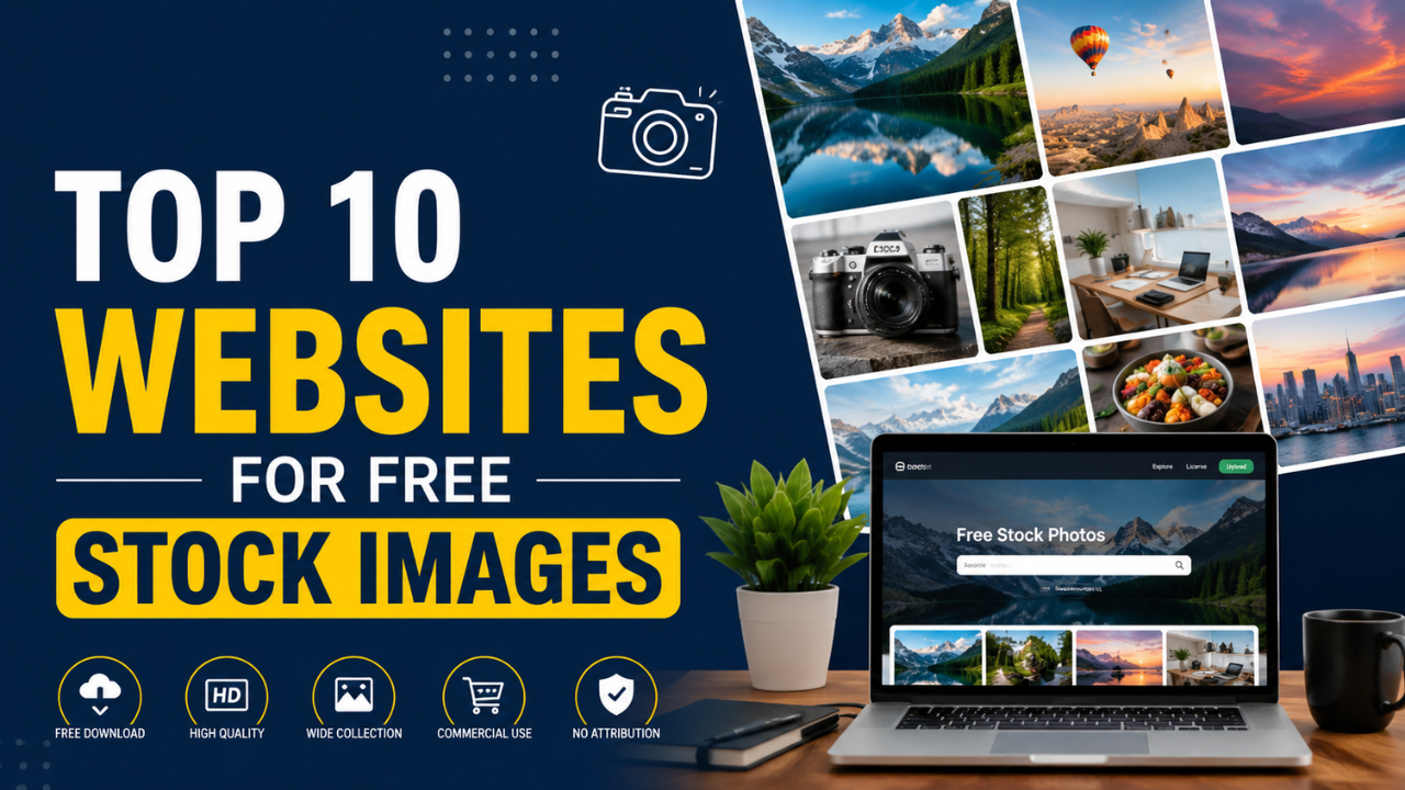 Top 10 websites for free stock images — gallery of high-quality landscape, lifestyle, and food photography with badges for free download, high quality, wide collection, and commercial use.