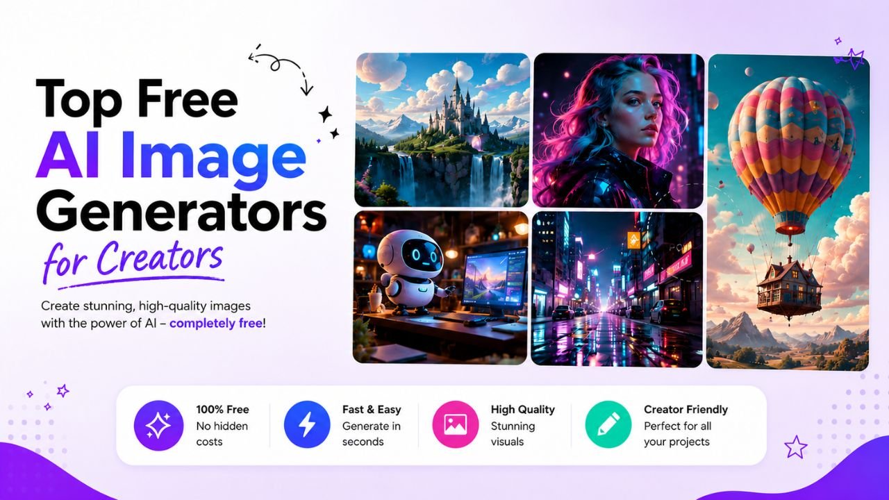 Collage of AI-generated images including a fantasy castle, neon-lit portrait, floating hot-air balloon scene, and night city street — showcasing free AI image generators.