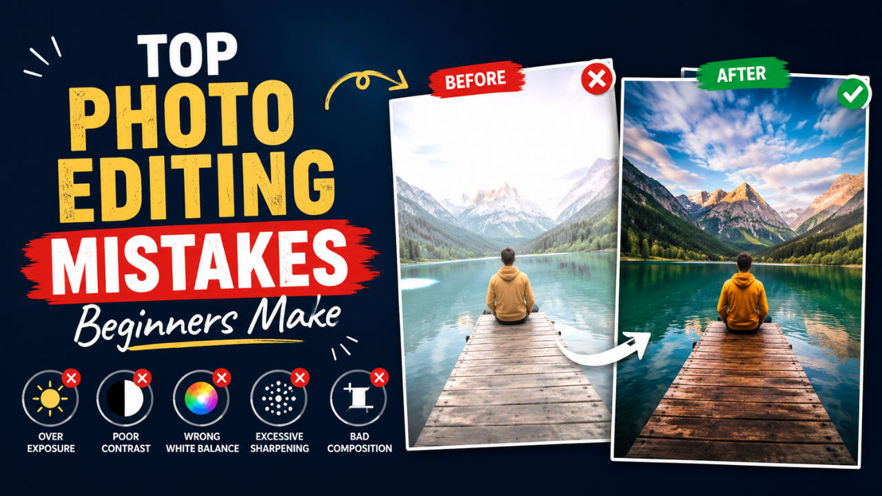 Top photo editing mistakes beginners make — before-and-after dock-and-lake photo with icons for overexposure, poor contrast, wrong white balance, excessive sharpening, and bad composition.