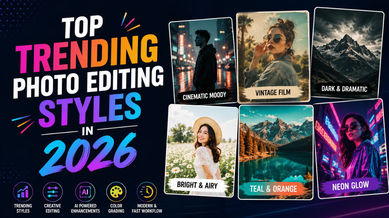 Top trending photo editing styles in 2026 — six aesthetic cards labelled Cinematic Moody, Vintage Film, Dark & Dramatic, Bright & Airy, Teal & Orange, and Neon Glow.