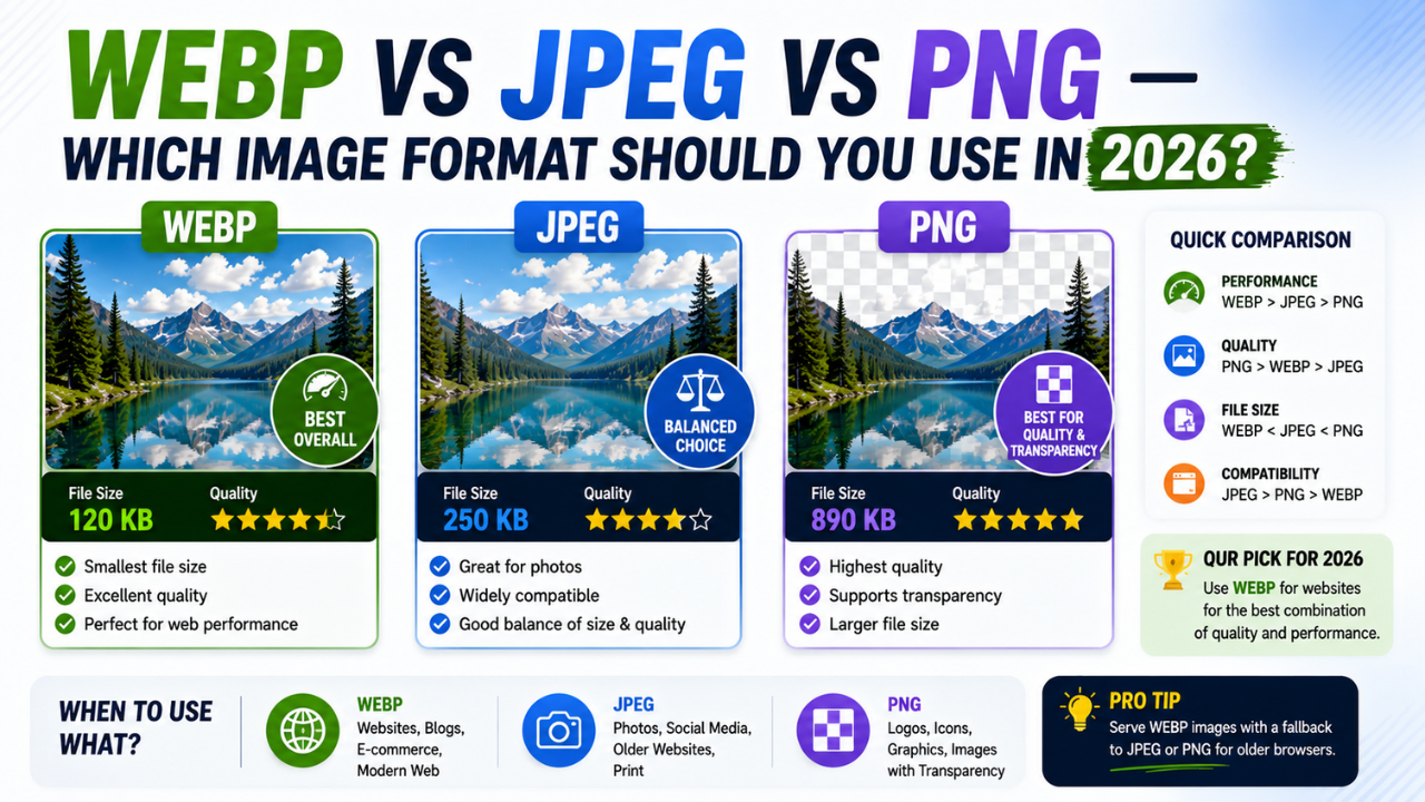 WEBP vs JPEG vs PNG comparison for 2026 — three cards showing the same mountain landscape at 120 KB WEBP, 250 KB JPEG, and 890 KB PNG with quality ratings and a performance versus compatibility breakdown.