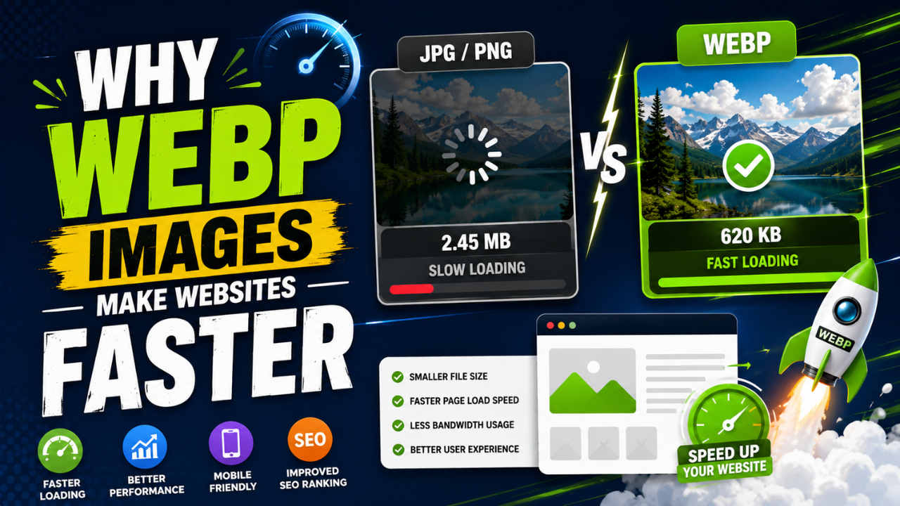 Why WEBP images make websites faster — side-by-side comparison of a 2.45 MB JPG/PNG versus a 620 KB WEBP version of the same mountain lake photo, with speed-up icons.